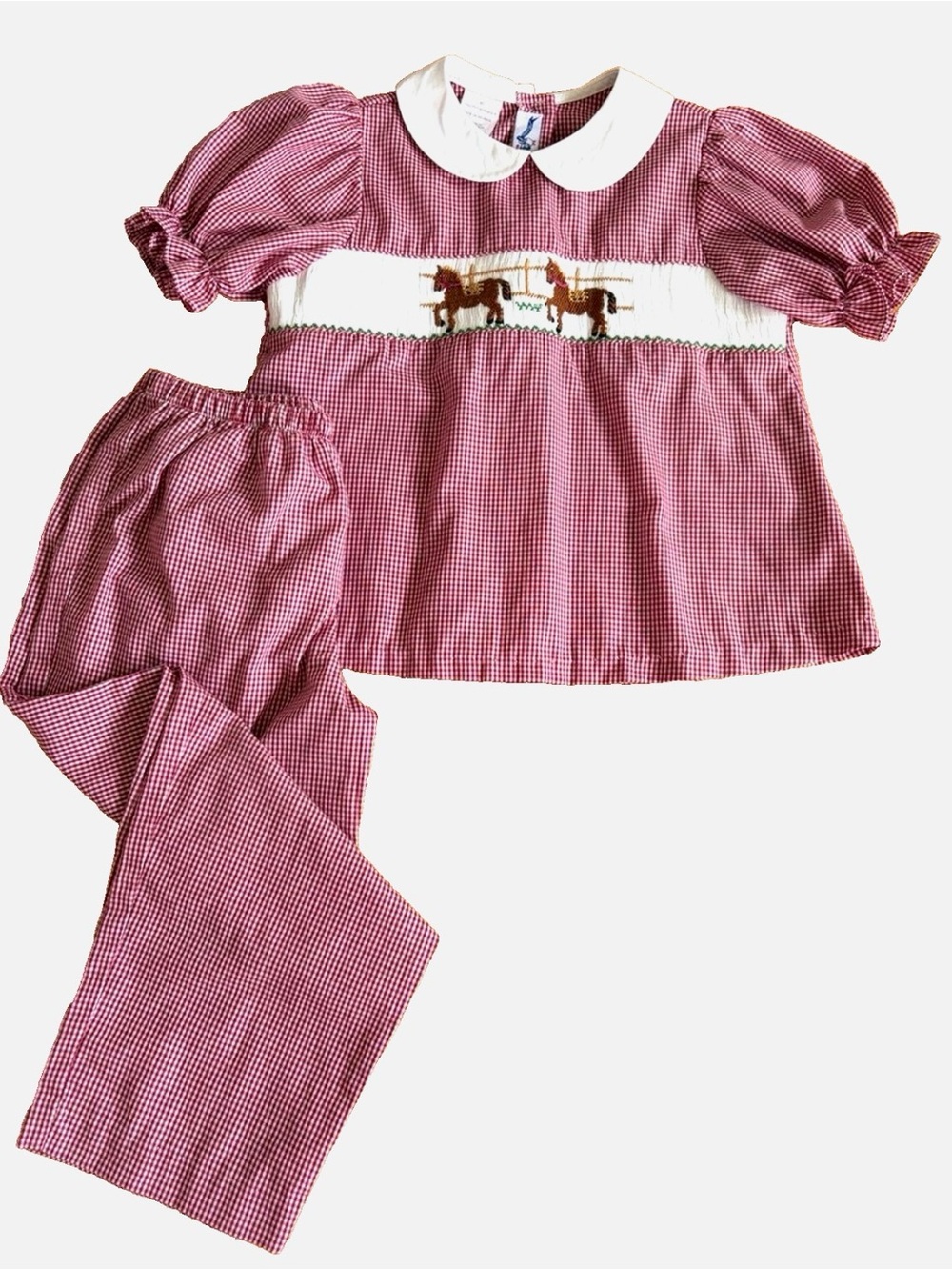 Silly Goose Smocked Horse Pant Set 4T Red Gingham Equestrian Girls Outfit